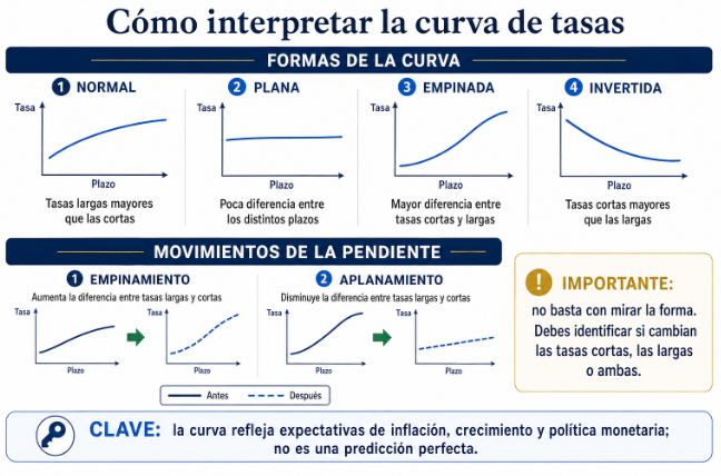 Comparación entre curva de tasas normal, plana, empinada e invertida, incluyendo movimientos de empinamiento y aplanamiento