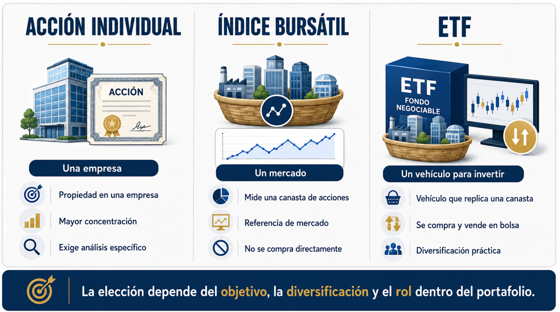 Comparación entre una acción individual, un índice bursátil y un ETF