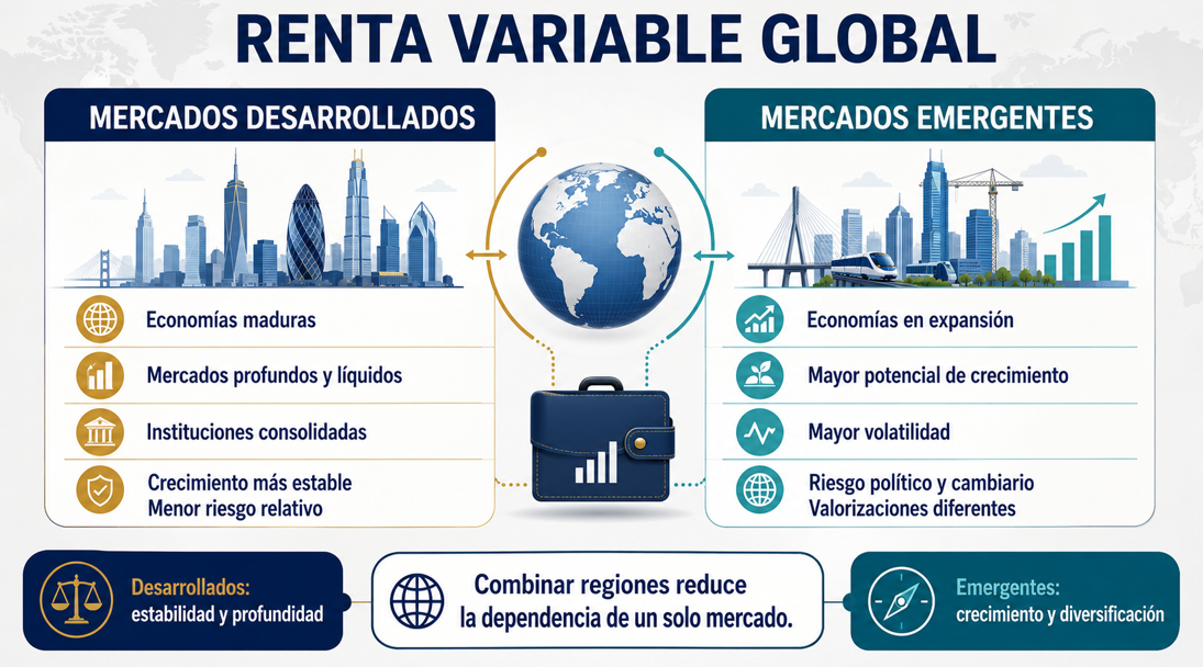 Comparación entre mercados desarrollados y emergentes dentro de la renta variable global